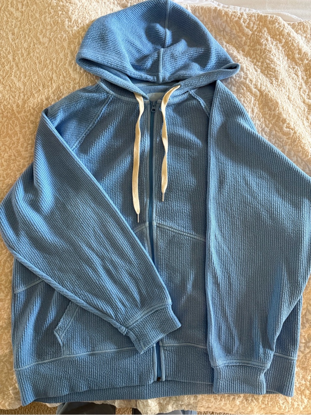 aerie Sky Blue Waffle Zip Hoodie with Cream Drawstrings